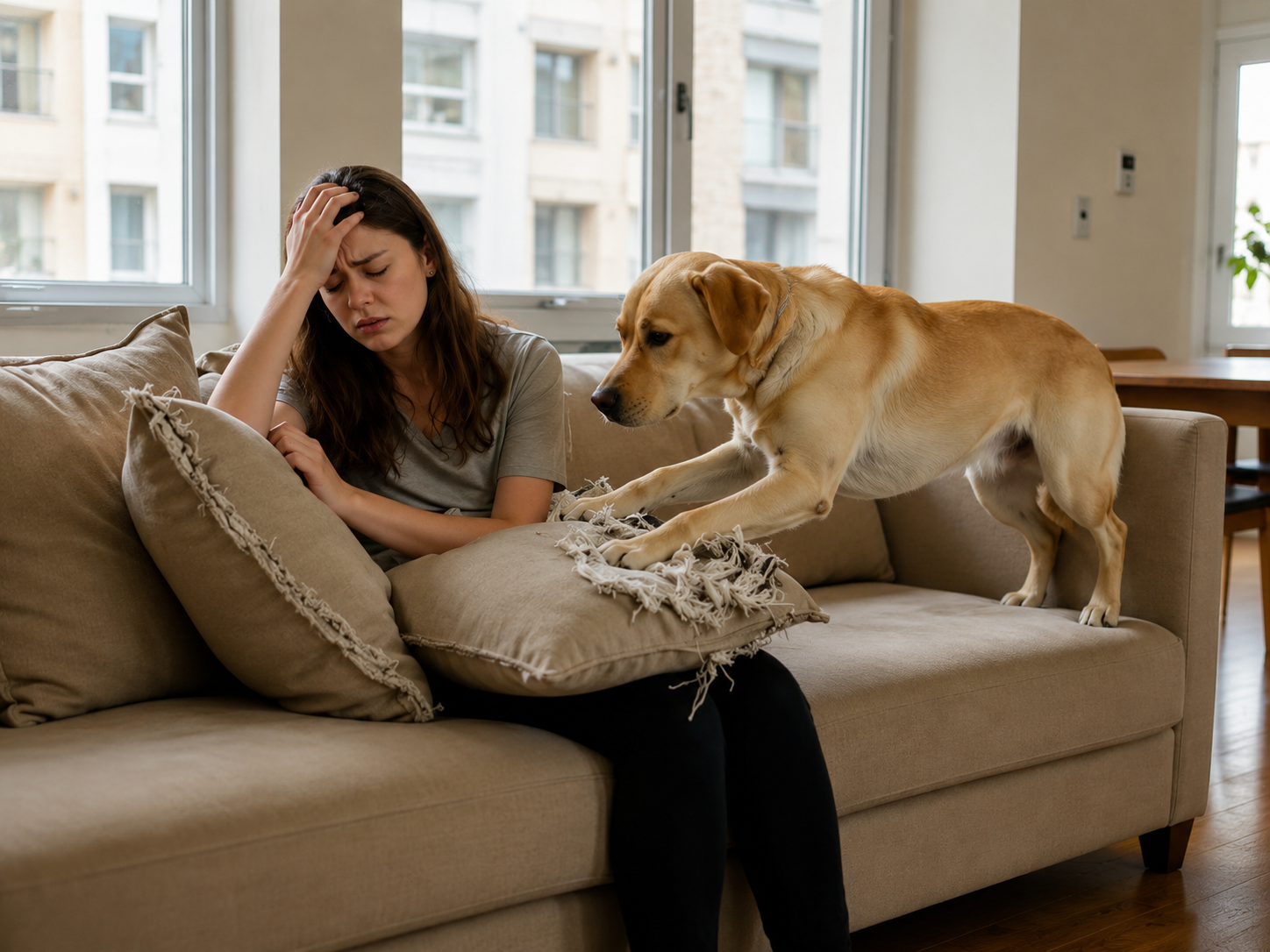 Tired dog owner sitting on a sofa next to an energetic young labrador chewing a cushion