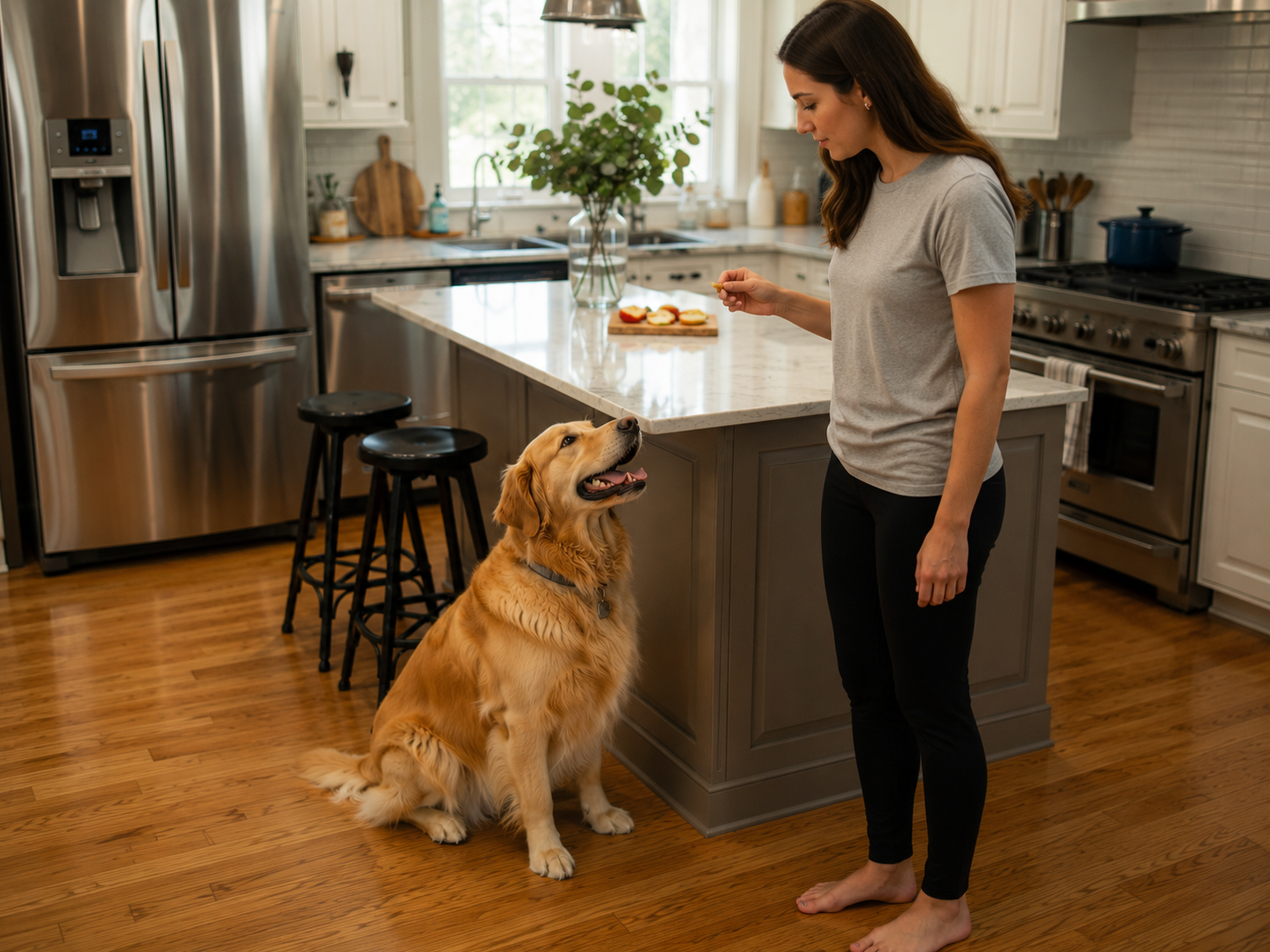 Owner training a calm golden retriever with a treat in a bright kitchen
